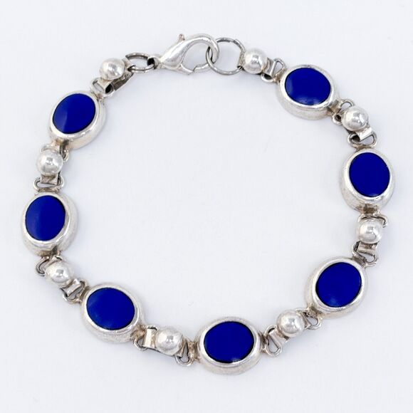 Vintage Silver Plated Lapis Lazuli Link Bracelet 7.5" - Picture 1 of 5